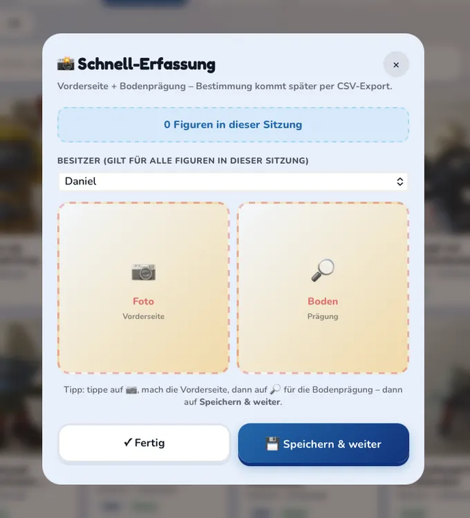 Schnell-Erfassung: Vorderseite + Bodenprägung per Kamera