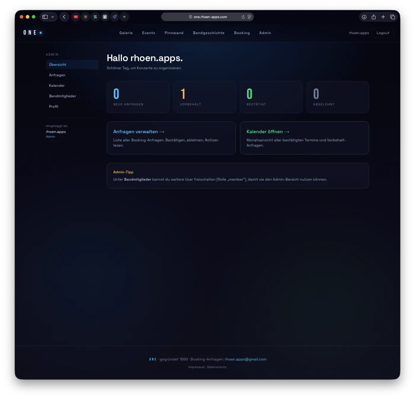 Admin-Dashboard mit Anfragen-Übersicht
